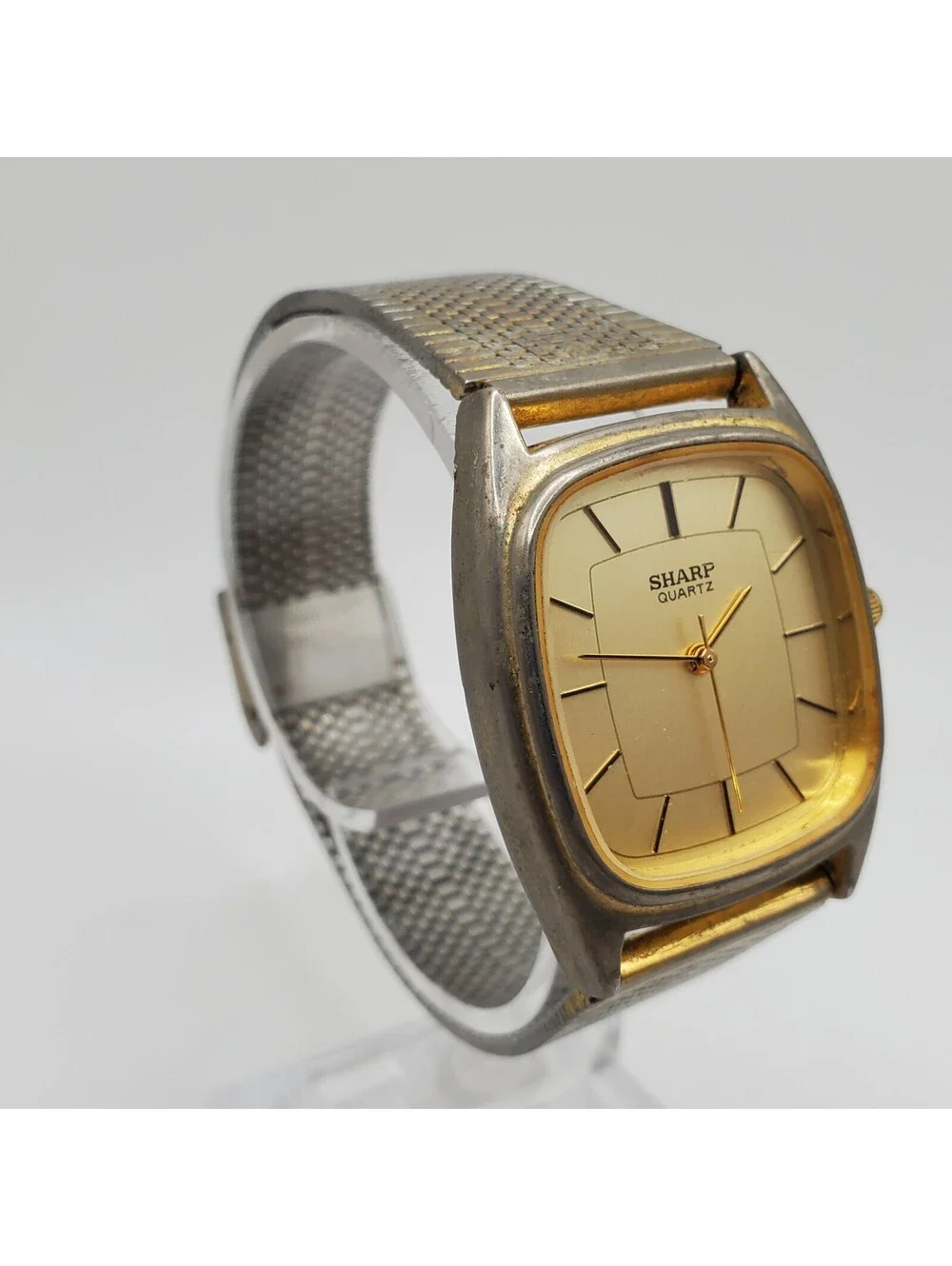 Vintage Sharp Quartz Watch 29mm Square Adjustable Band Tone New Battery